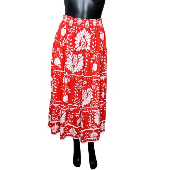 Haute Hippie Red Orange & White Floral Tired Linen Blend Midi Skirt Size Small - Picture 3 of 10